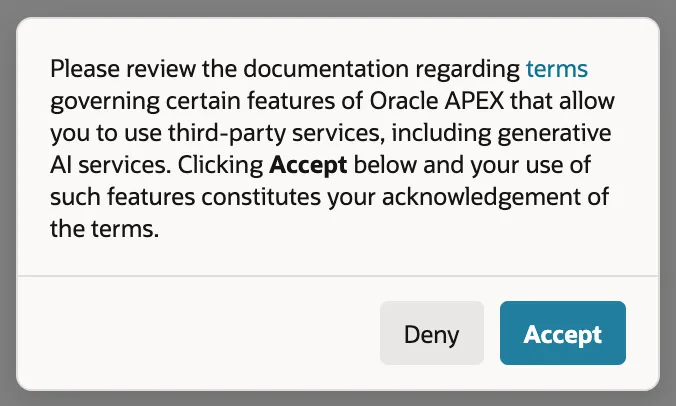 Oracle APEX dialog asking to accept the terms for generative AI features