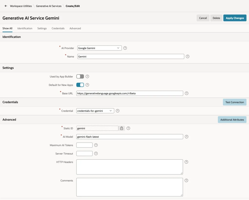 Oracle APEX Generative AI service settings for Google Gemini with base URL, credential, static ID, and AI model
