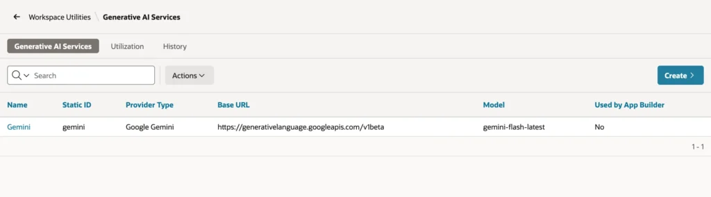Oracle APEX Workspace Utilities list of Generative AI services with the Gemini service