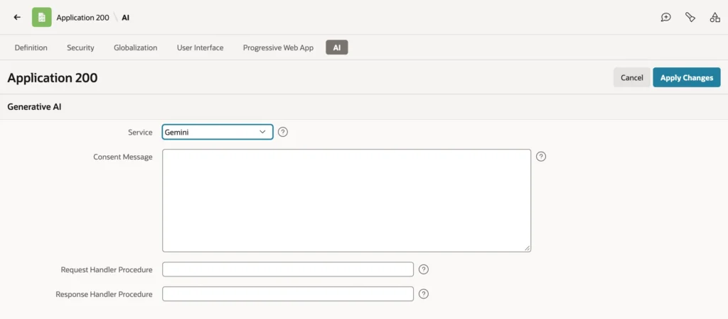 Oracle APEX application AI attributes with service, consent message, and request and response handler procedures