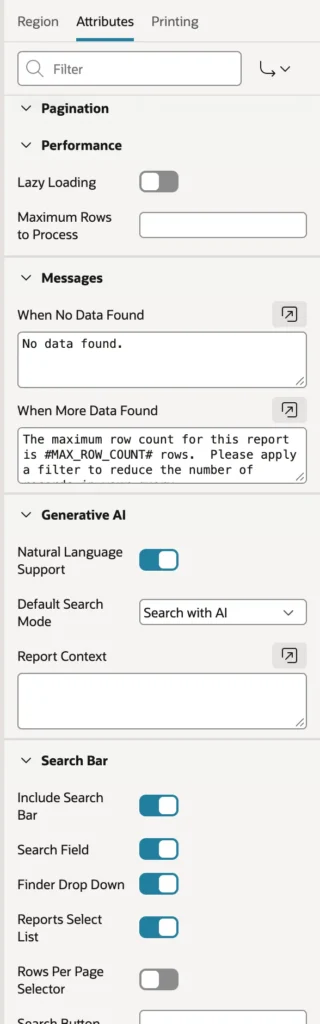 Oracle APEX interactive report attributes with Natural Language Support turned on