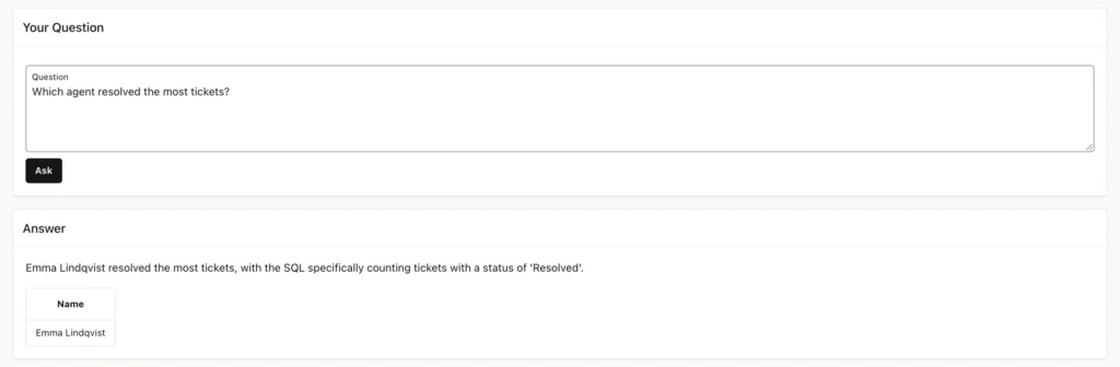 Oracle APEX Ask Your Data page where the sentence explains that the SQL counted only the status Resolved