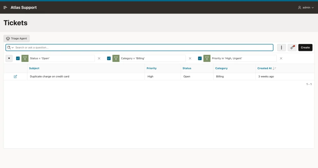 Oracle APEX interactive report with three filters and a sort applied from a plain-language question