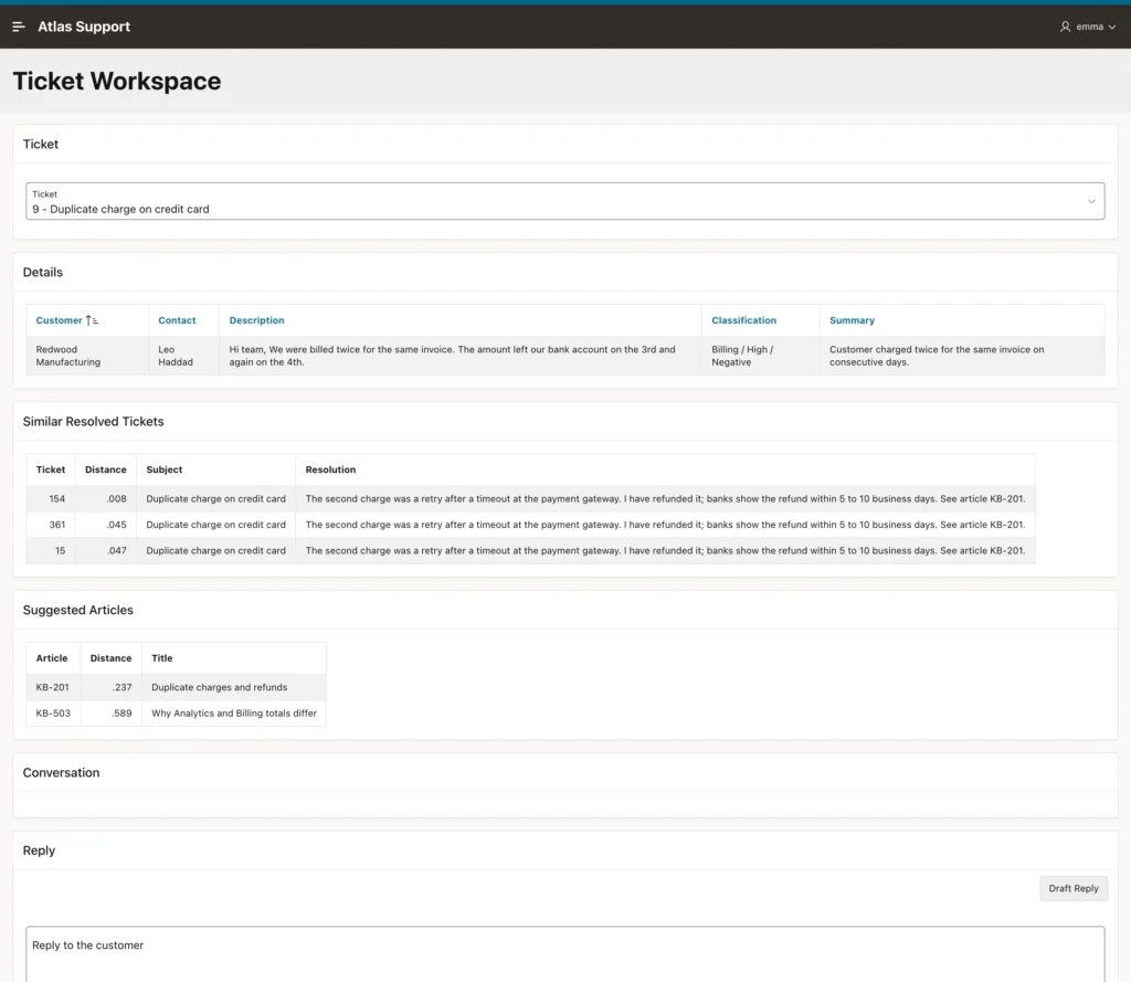 Oracle APEX ticket workspace showing ticket 9 with its classification, similar resolved tickets, and suggested article