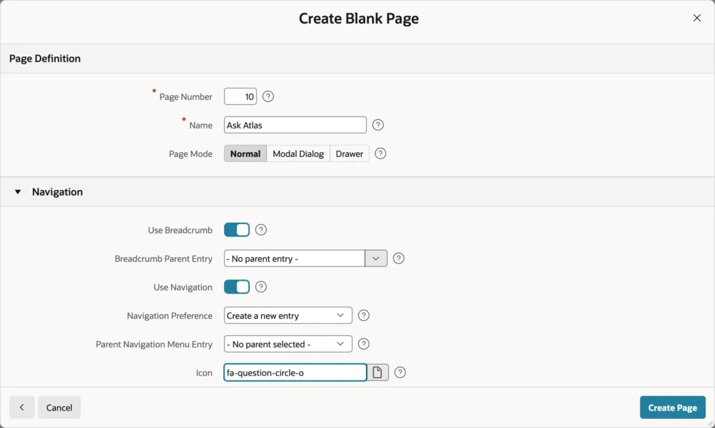 Oracle APEX Create Blank Page wizard for page 10 Ask Atlas