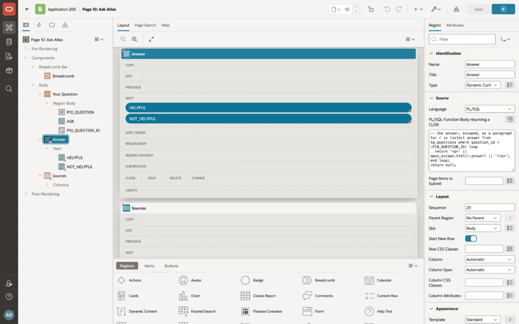 Oracle APEX Page Designer showing page 10 with the Answer region selected
