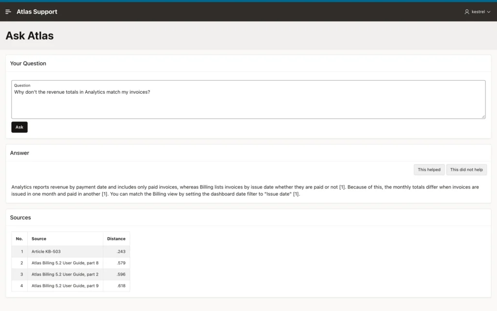 Oracle APEX Ask Atlas page with an answer, its sources report, and feedback buttons