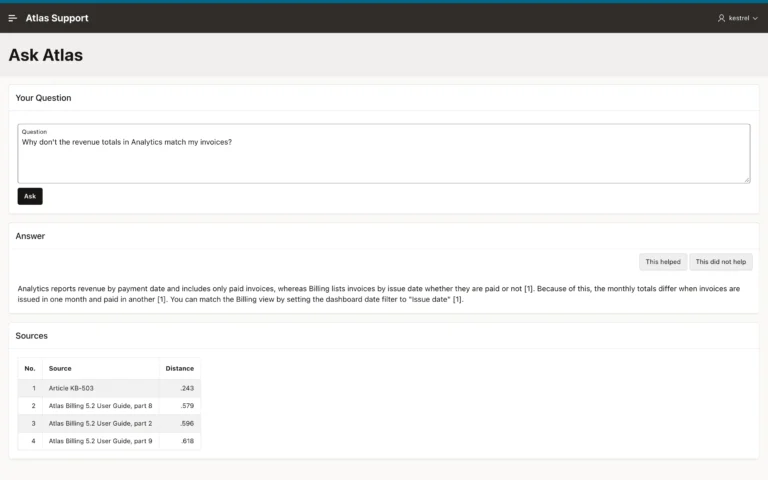 Oracle APEX Ask Atlas page with an answer, its sources report, and feedback buttons