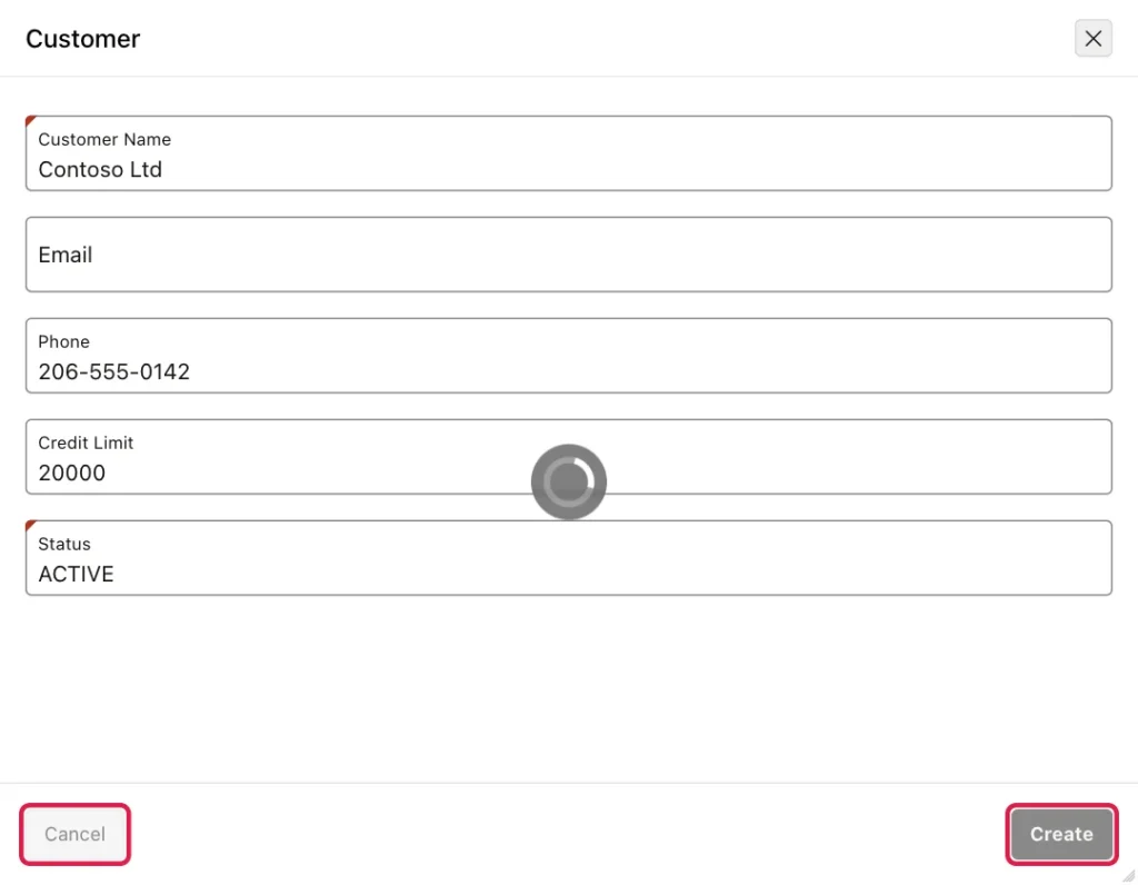 Customer dialog for Contoso Ltd while it is being saved, with the Cancel and Create buttons disabled