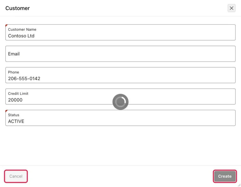 Customer dialog for Contoso Ltd while it is being saved, with the Cancel and Create buttons disabled