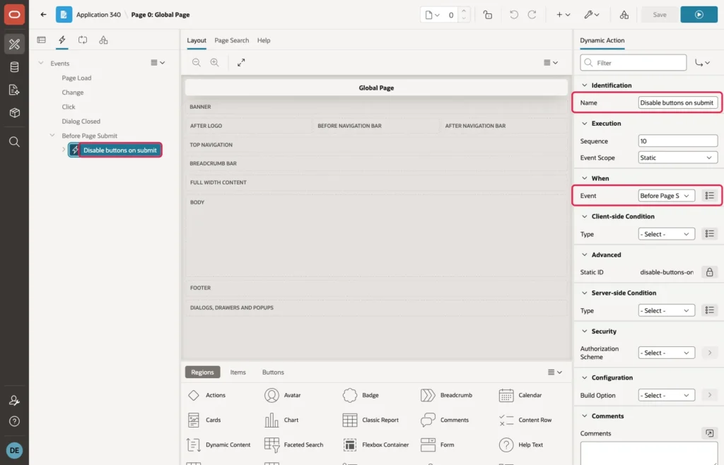 Global Page dynamic action Disable buttons on submit with the event Before Page Submit