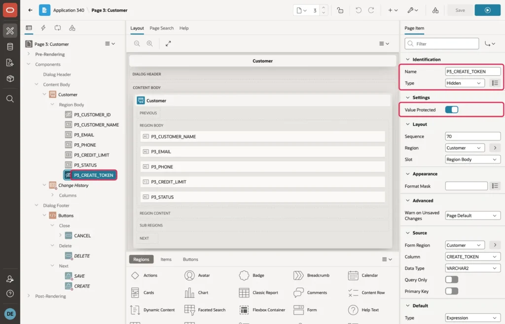 Page item P3_CREATE_TOKEN with Type Hidden and Value Protected on