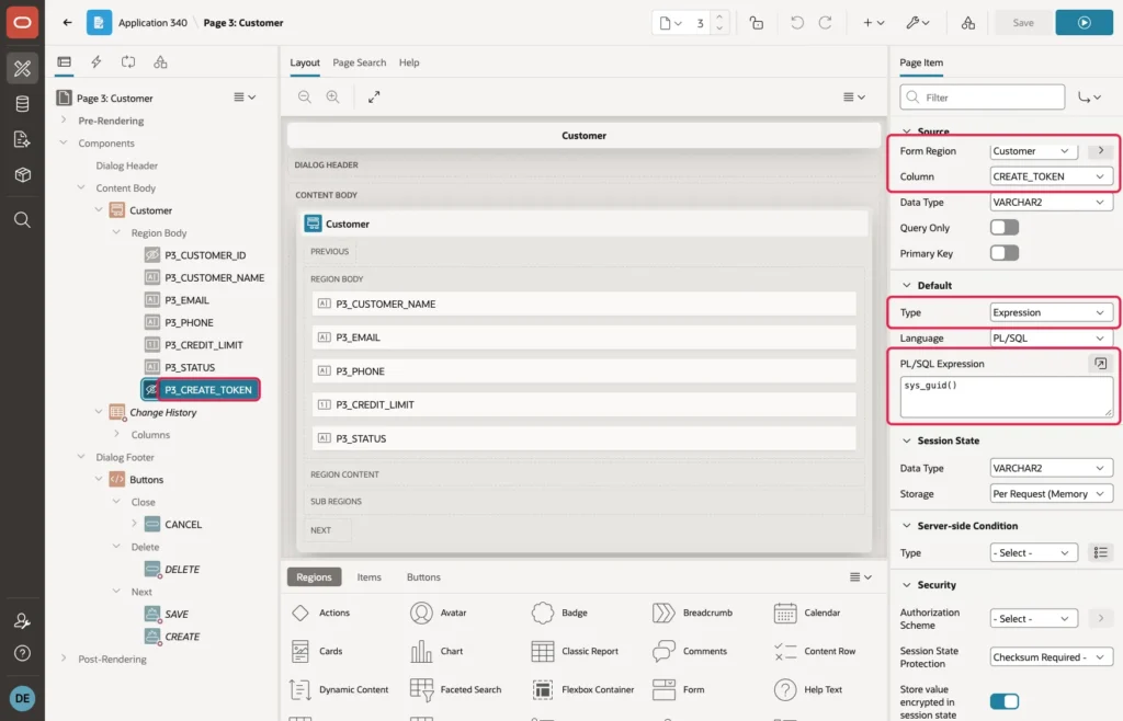 P3_CREATE_TOKEN with Source Column CREATE_TOKEN and Default PL/SQL Expression sys_guid()