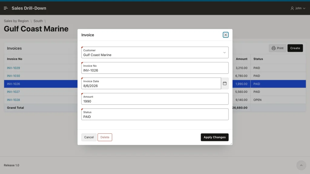 Invoice form in a centered modal dialog