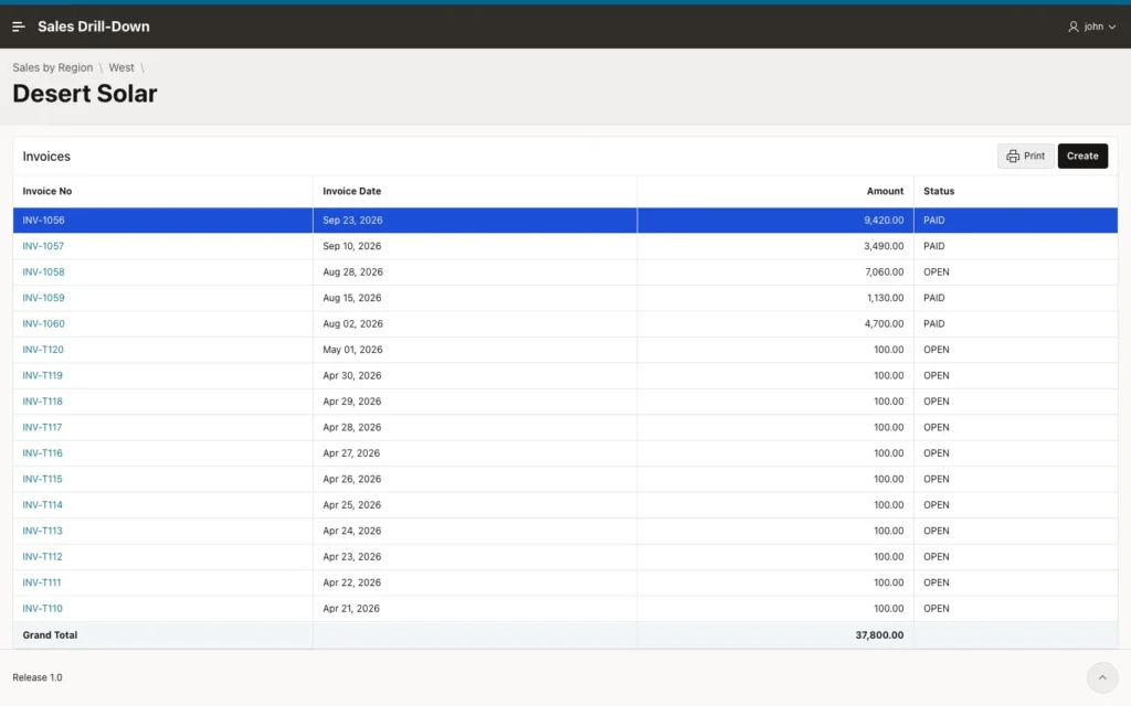 Invoices report with many rows where the Grand Total stays at the bottom above the footer