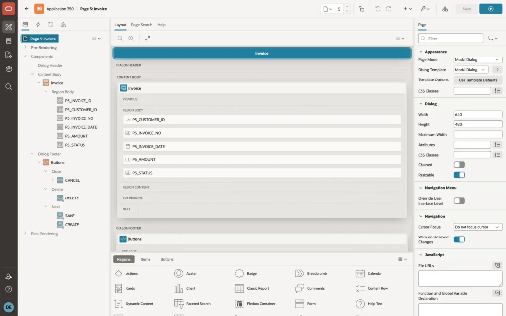 Page 5 properties with Dialog Template Modal Dialog, Width 640, and Height 480