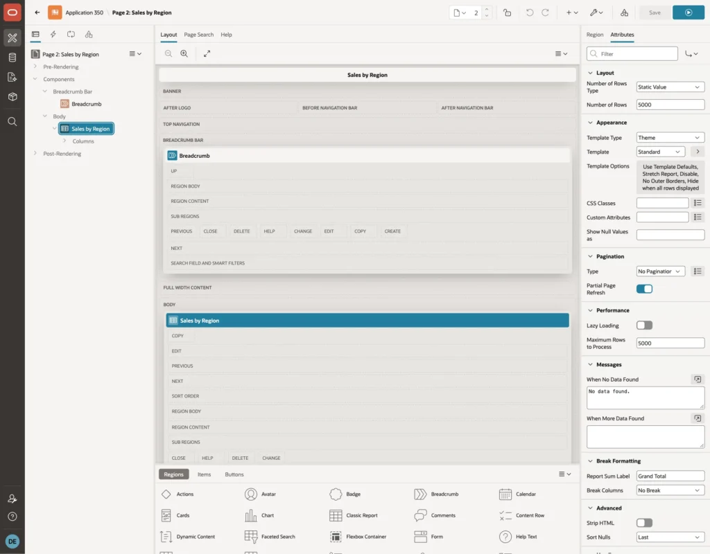 Report attributes with Number of Rows 5000, No Pagination, Maximum Rows to Process 5000, and Report Sum Label Grand Total