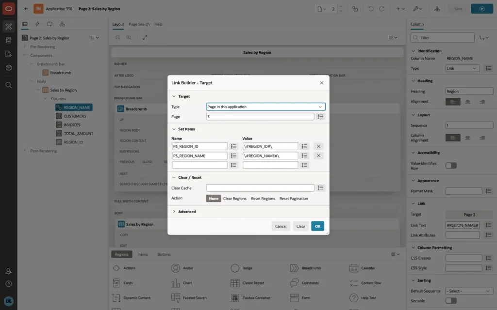 Link Builder with target page 3 and items P3_REGION_ID and P3_REGION_NAME