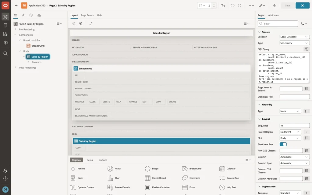 Page Designer with the Sales by Region region and its SQL query