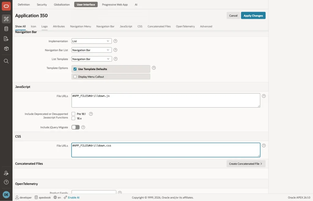 User Interface attributes with the JavaScript and CSS file URLs