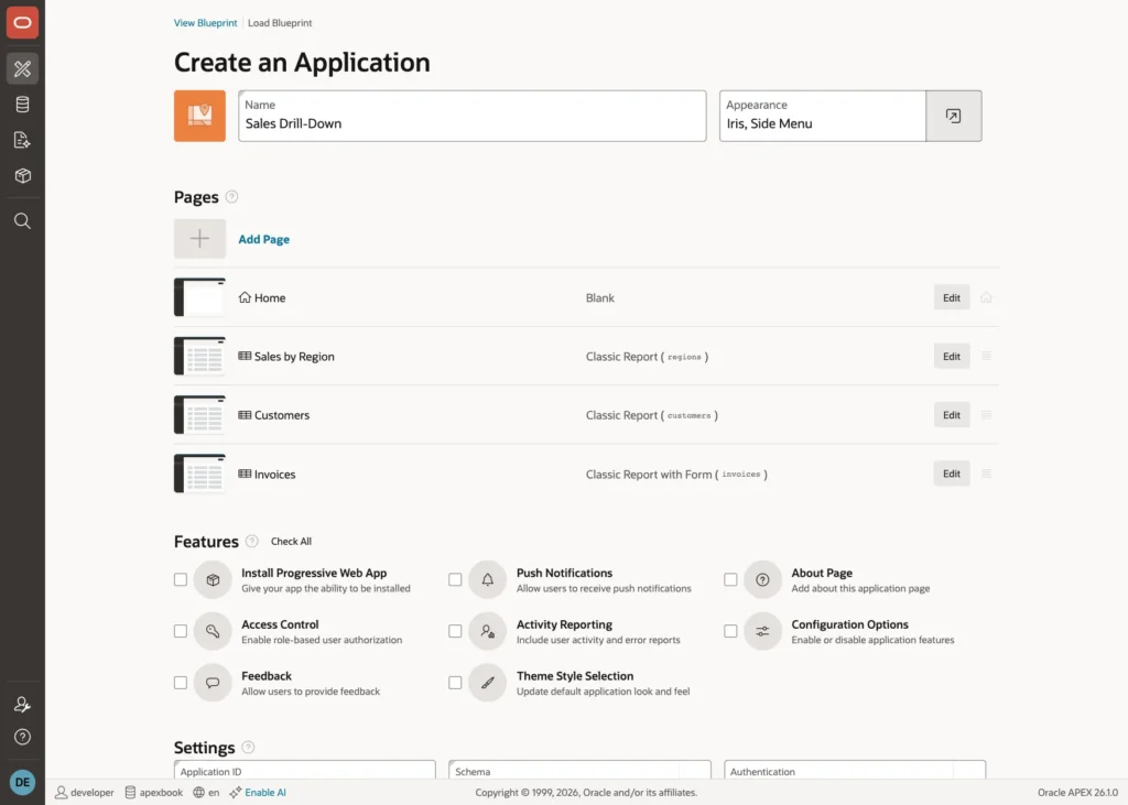 Create an Application page with Sales by Region, Customers, and Invoices as Classic Report pages