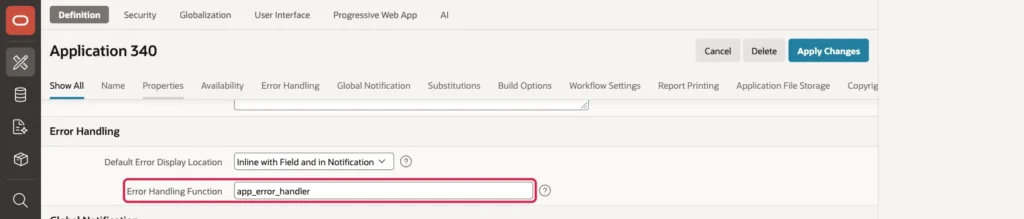 Edit Application Definition, Error Handling section with Error Handling Function set to app_error_handler
