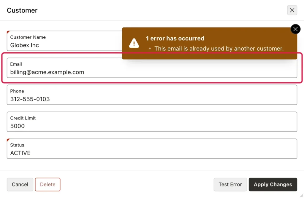 Customer dialog with the error message This email is already used by another customer
