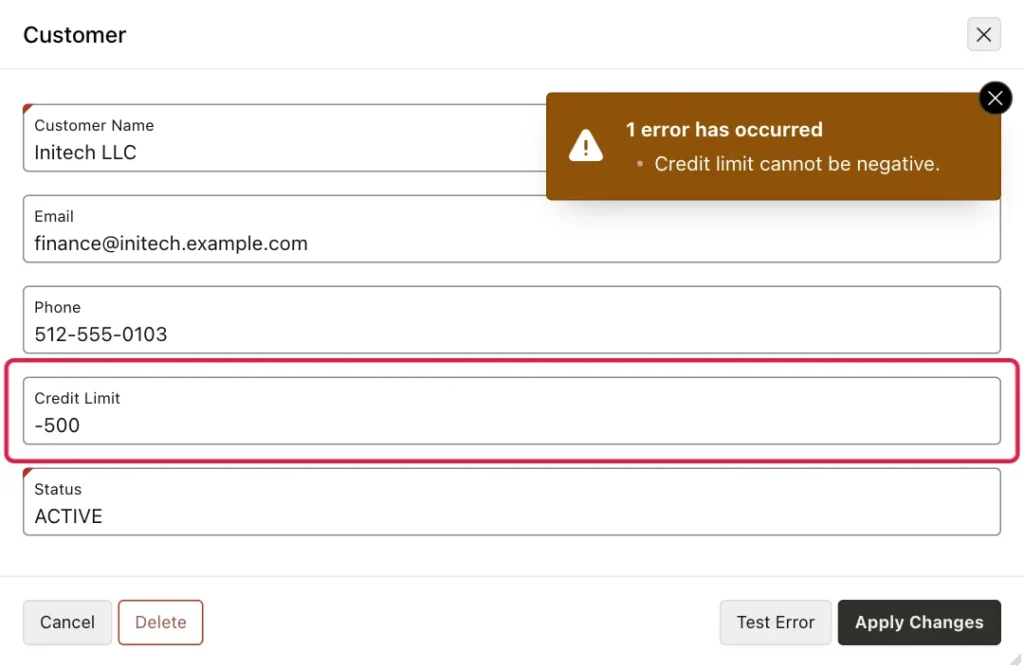 Customer dialog with the error message Credit limit cannot be negative