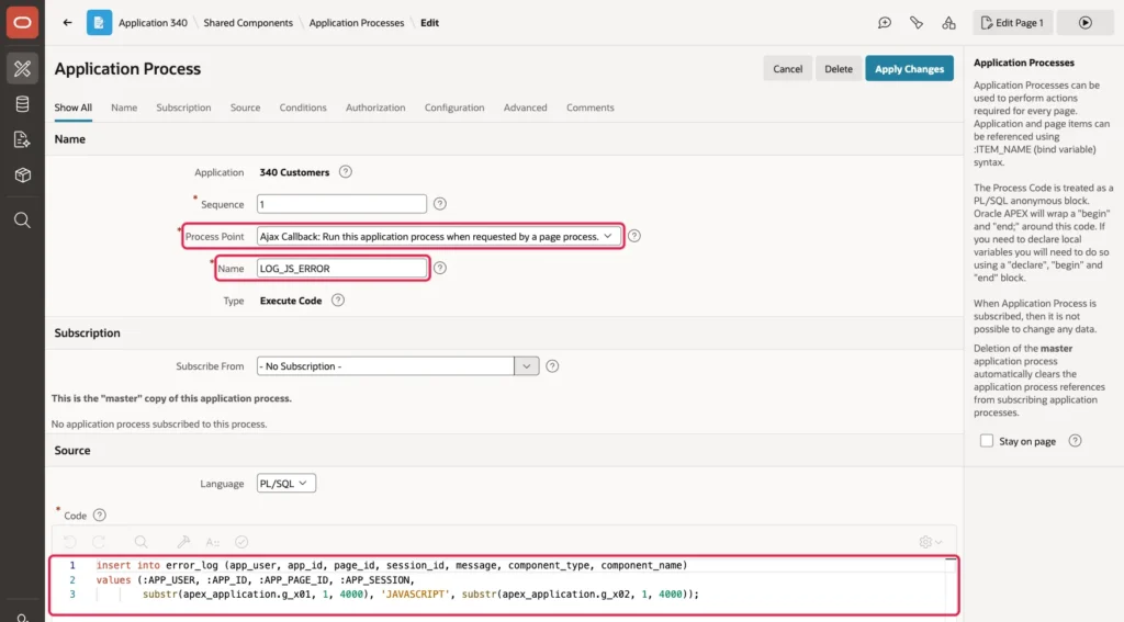 Application Process LOG_JS_ERROR with Process Point Ajax Callback and the insert into error_log code