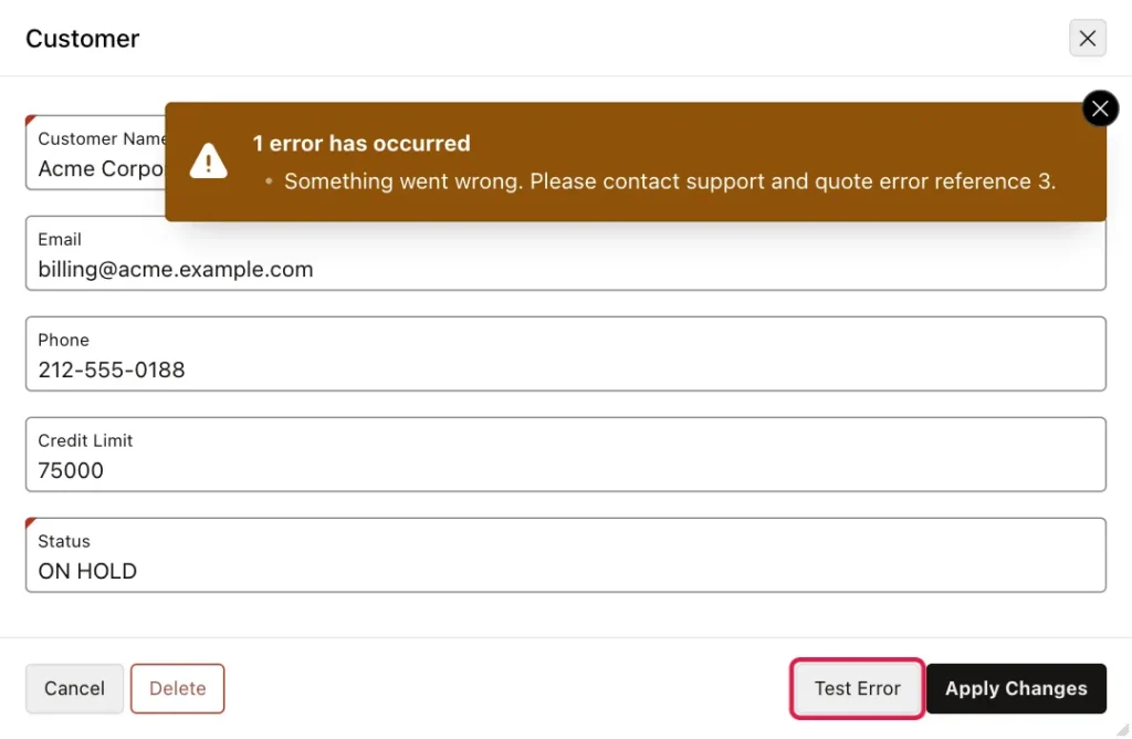Customer dialog with the message Something went wrong. Please contact support and quote error reference 3.
