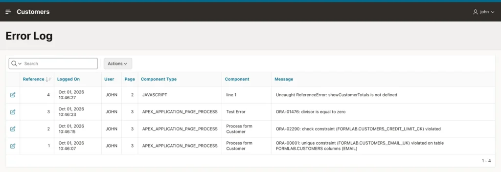 Error Log page listing a JavaScript error, an unexpected ORA-01476 error, and two constraint errors with user, page, and component
