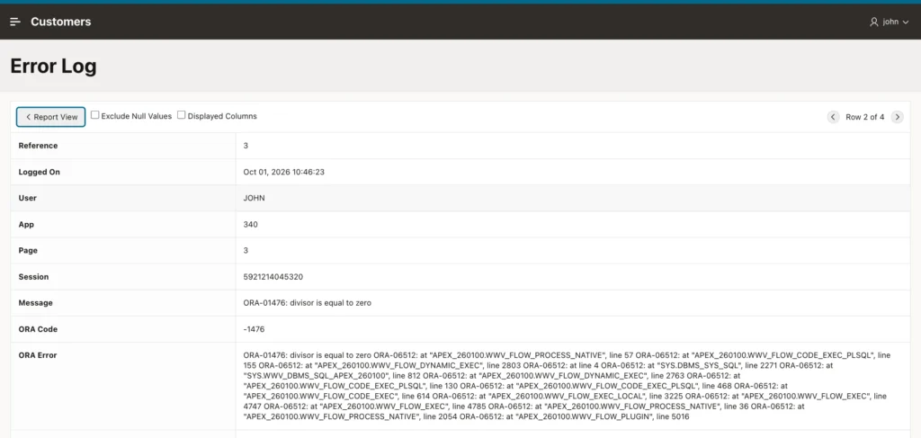 Single row view of error reference 3 with ORA-01476 divisor is equal to zero, the component Test Error, and the backtrace