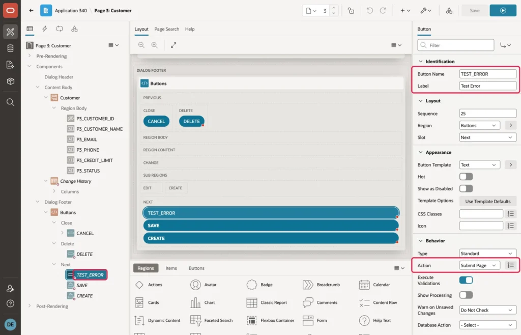 Page Designer with the TEST_ERROR button, Button Name TEST_ERROR, Label Test Error, and Action Submit Page highlighted