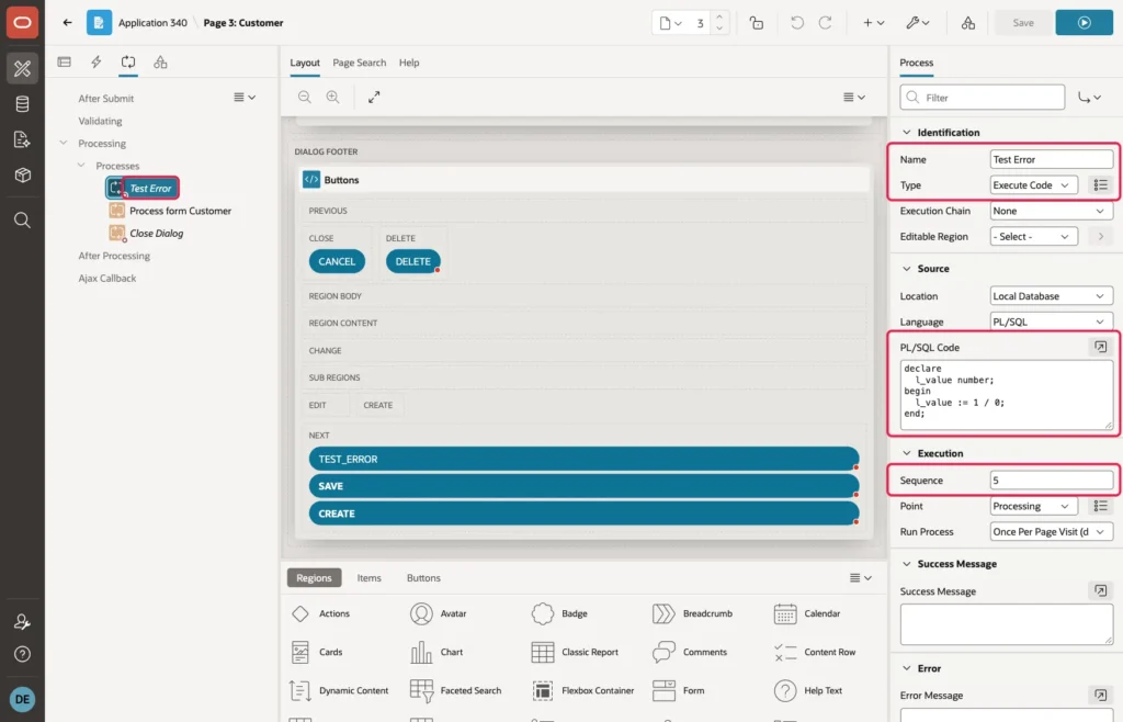 Page Designer with the Test Error process, Name, Type Execute Code, the PL/SQL code dividing by zero, and Sequence 5 highlighted