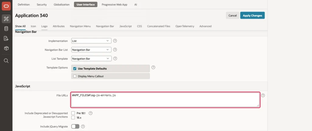 User Interface attributes with JavaScript File URLs set to #APP_FILES#log-js-errors.js