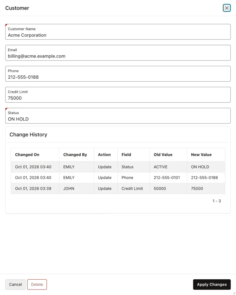 Customer form for Acme Corporation with a Change History region listing changes by EMILY and JOHN
