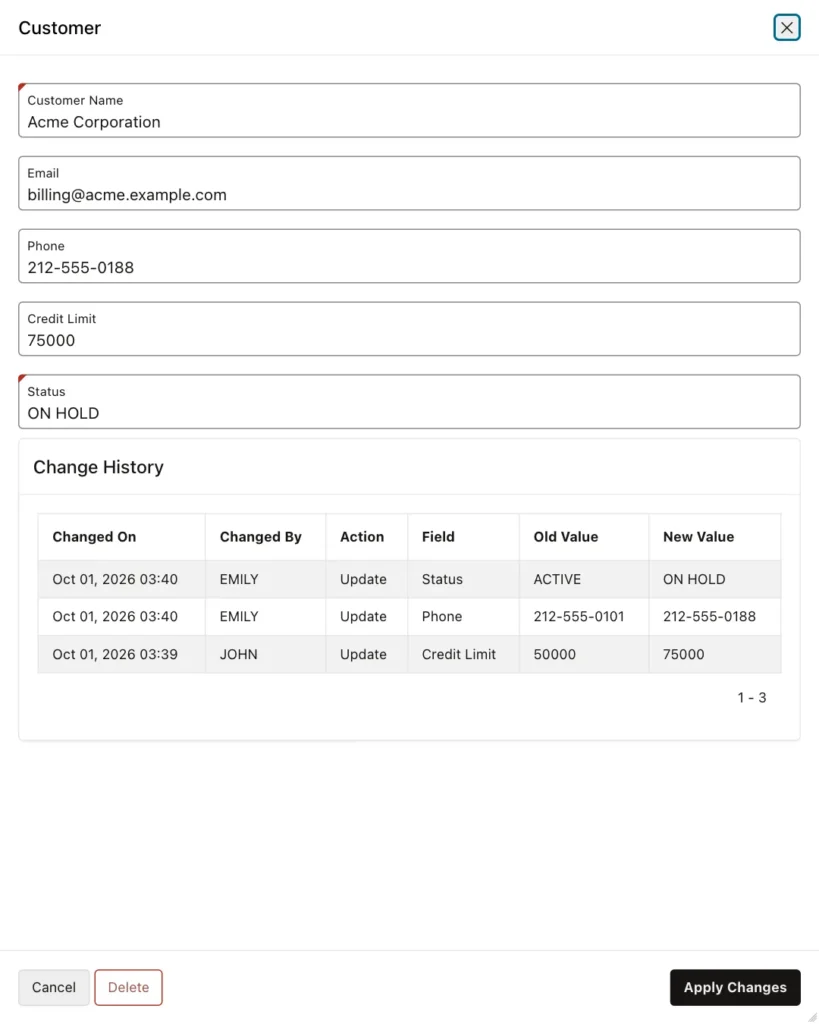 Customer form for Acme Corporation with a Change History region listing changes by EMILY and JOHN