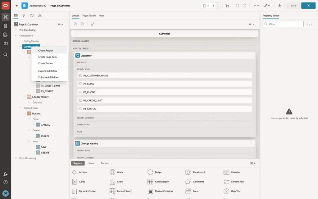 Page Designer with the context menu of Content Body and Create Region highlighted