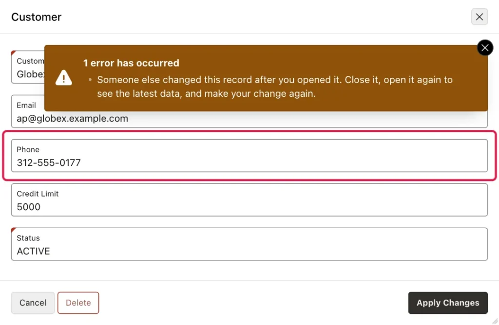 EMILY's Customer dialog with the message Someone else changed this record after you opened it