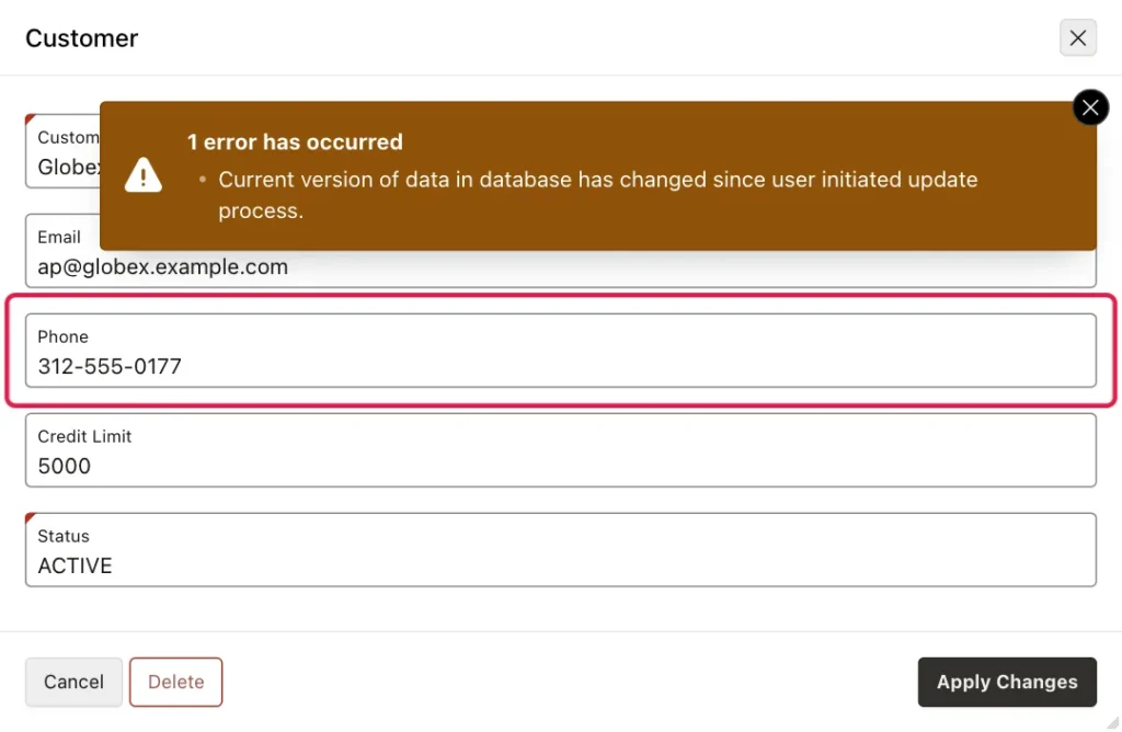 EMILY's Customer dialog with the error Current version of data in database has changed since user initiated update process