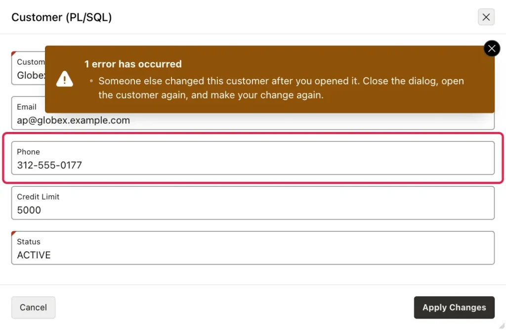 EMILY's Customer (PL/SQL) dialog with the message Someone else changed this customer after you opened it