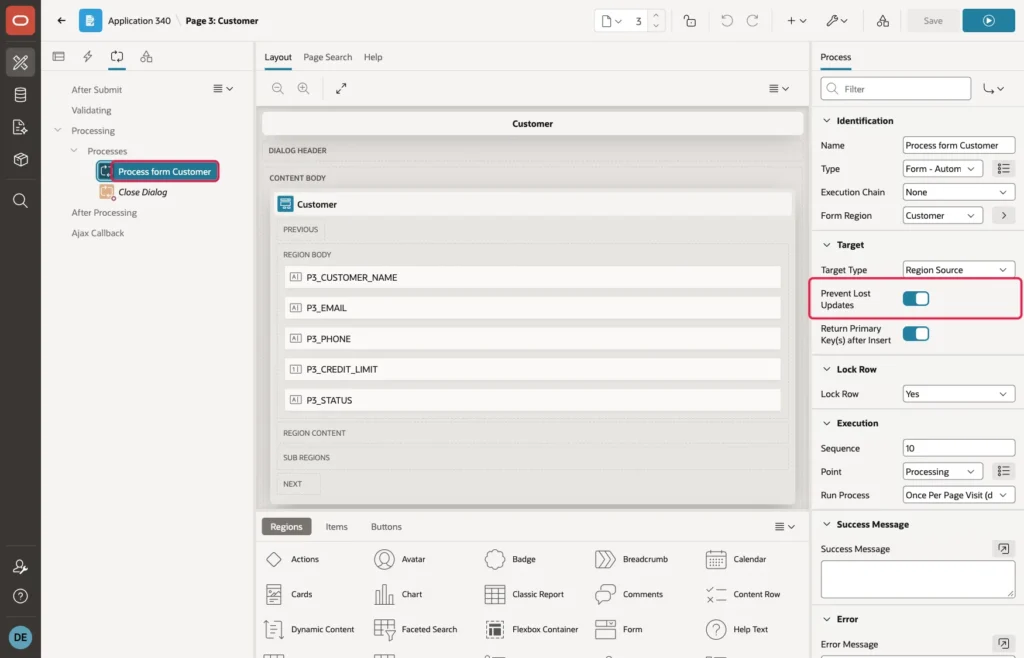 Page Designer with the process Process form Customer selected and Prevent Lost Updates switched on
