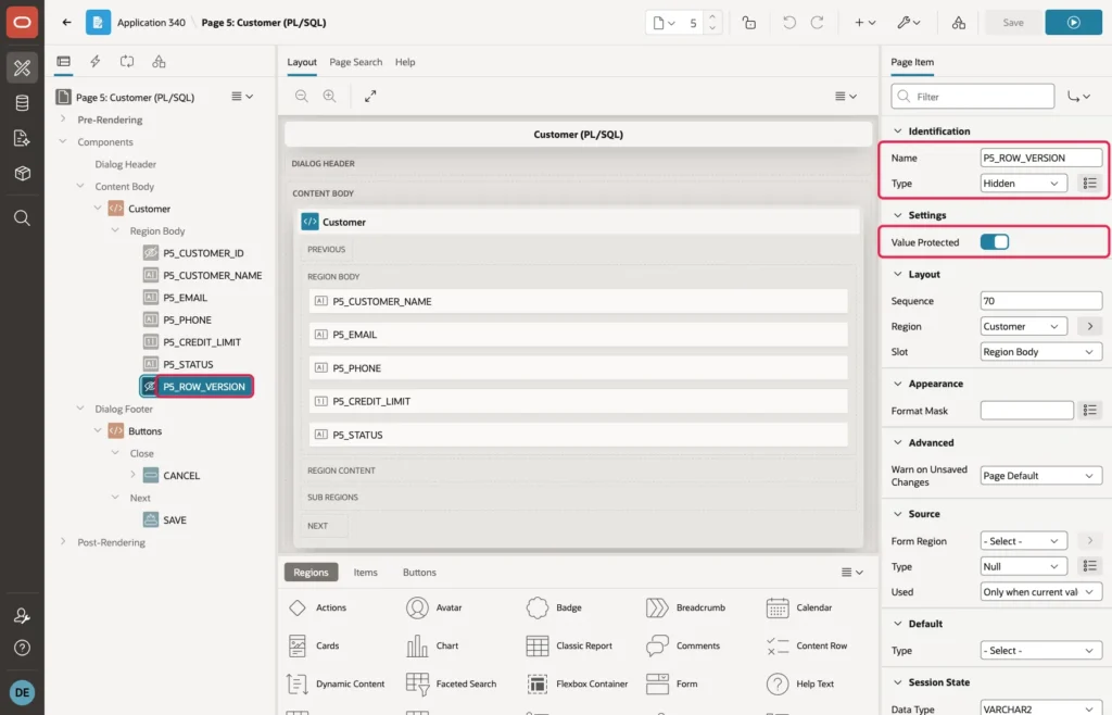 Page Designer with the hidden item P5_ROW_VERSION, Type Hidden, and Value Protected on