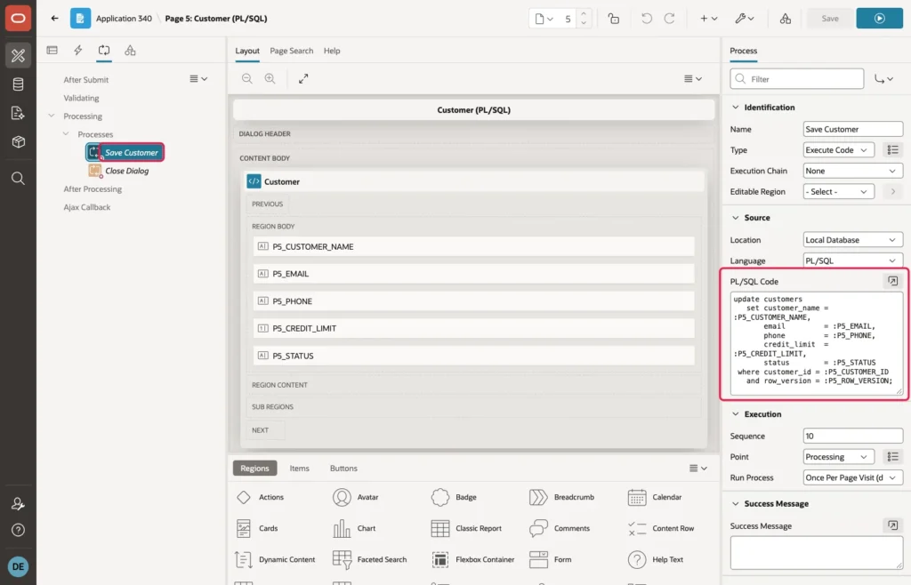 Page Designer with the Save Customer process with the row_version condition in the UPDATE
