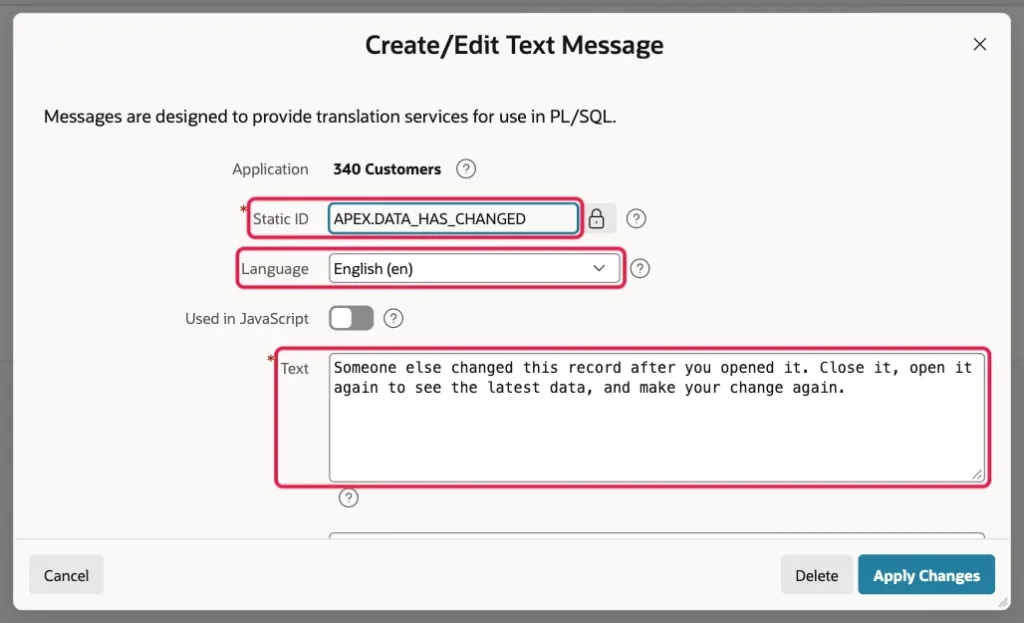 Create/Edit Text Message dialog with Static ID APEX.DATA_HAS_CHANGED, Language English, and the new text