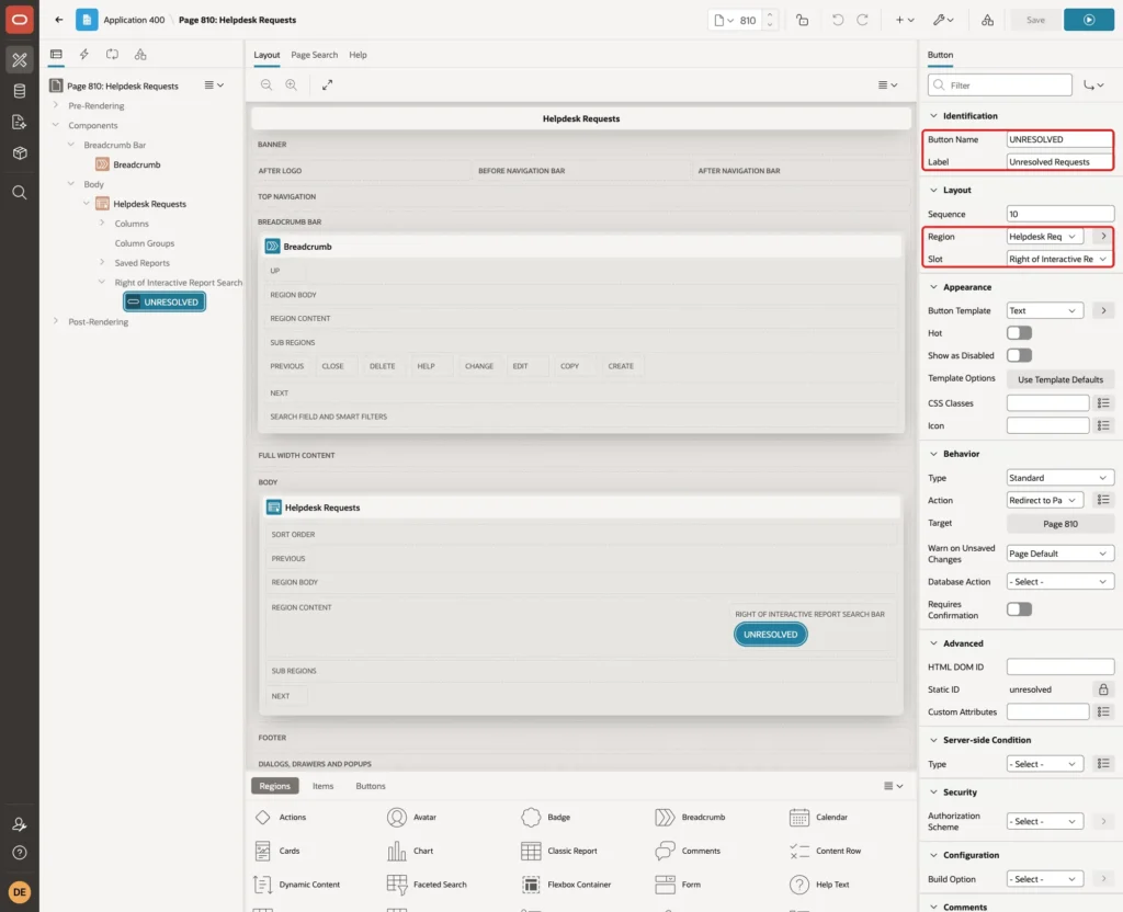 Button properties with Button Name UNRESOLVED, Label Unresolved Requests, Region and Slot marked with red boxes