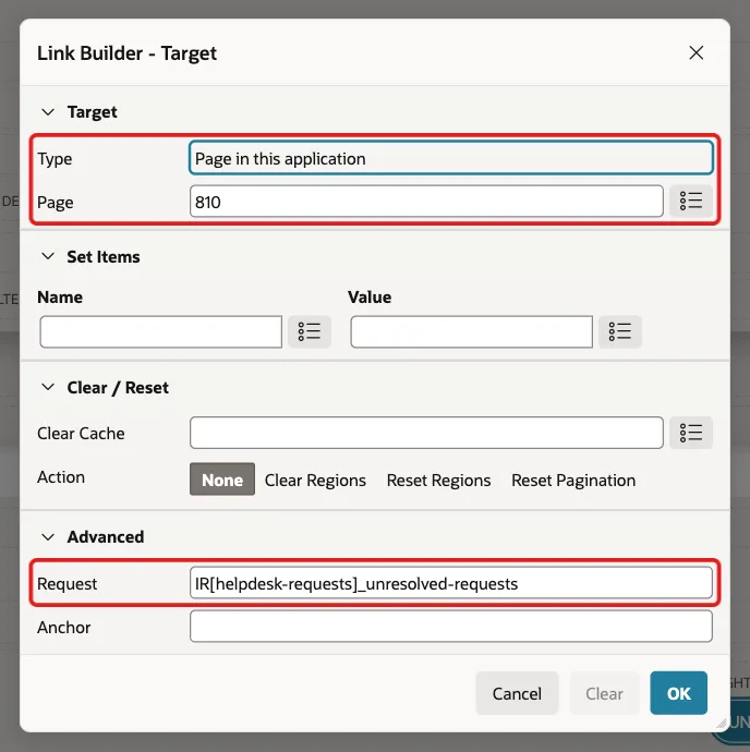 Link Builder with Type Page in this application, Page 810 and Request IR[helpdesk-requests]_unresolved-requests marked with red boxes