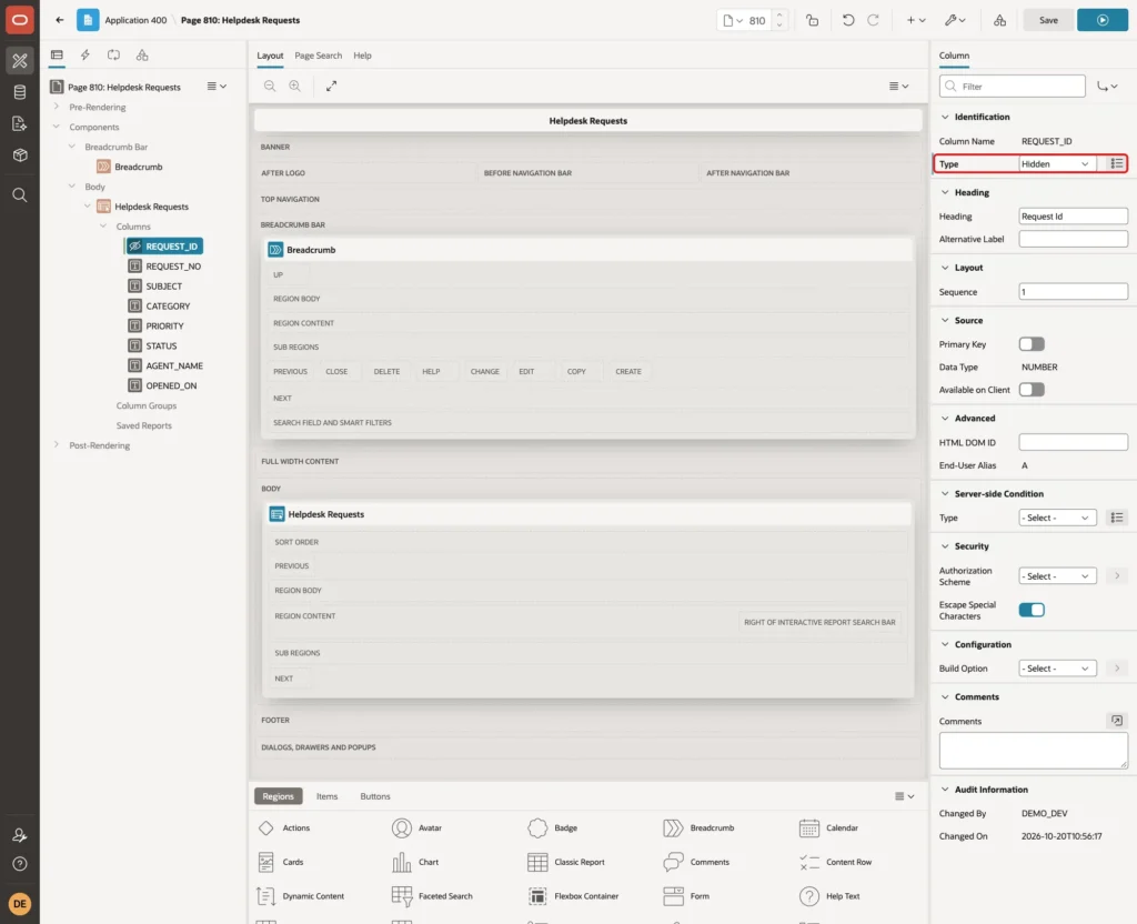 REQUEST_ID column with Type set to Hidden marked with a red box