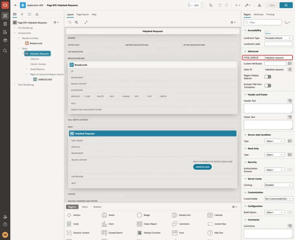 Region Advanced properties with HTML DOM ID helpdesk-requests marked with a red box