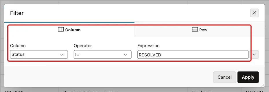 Filter dialog with Column Status, Operator not equal and Expression RESOLVED marked with a red box